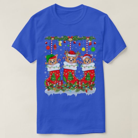 おもしろいウェルシュコーギードッグインクリスマスソックスライツクライスト Tシャツ (デザイン正面)