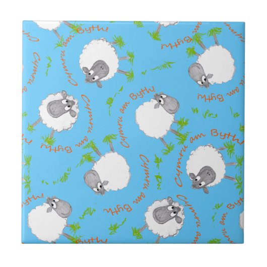 おもしろいウェールズ羊、ウェールズ永遠、セラミックタイル タイル (正面)