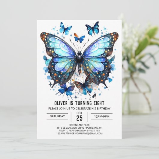 おもしろいウォーターカラーバタフライボーイ誕生日 招待状 (スタンド正面)