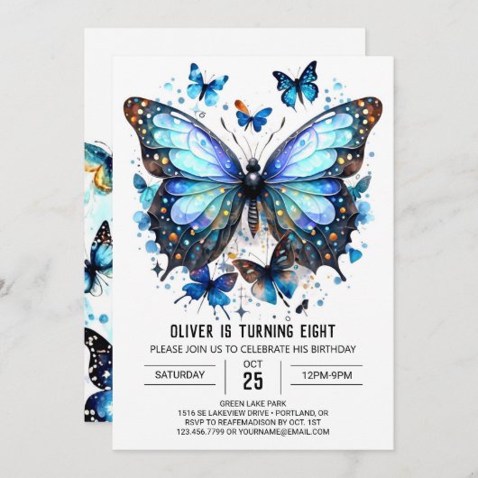おもしろいウォーターカラーバタフライボーイ誕生日 招待状 (正面/裏面)