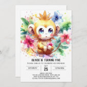 おもしろいウォーターカラーモンキー誕生日 招待状 (正面/裏面)