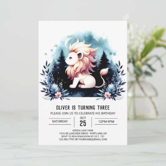 おもしろいウォーターカラーライオン誕生日 招待状 (スタンド正面)