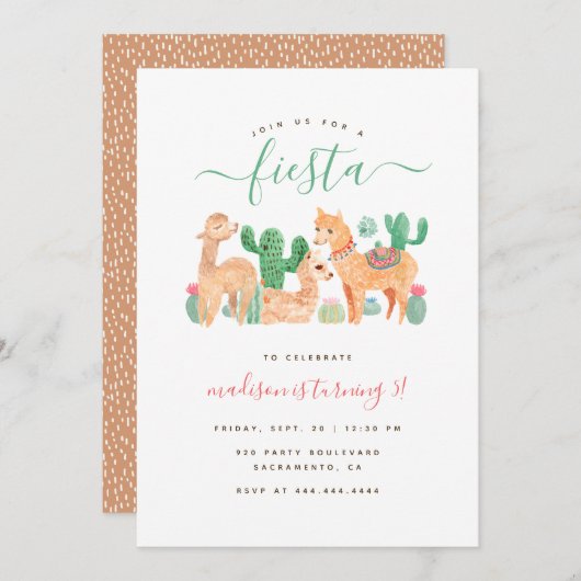 おもしろいウォーターカラーラマフィエスタ子供の誕生日 招待状 (正面/裏面)