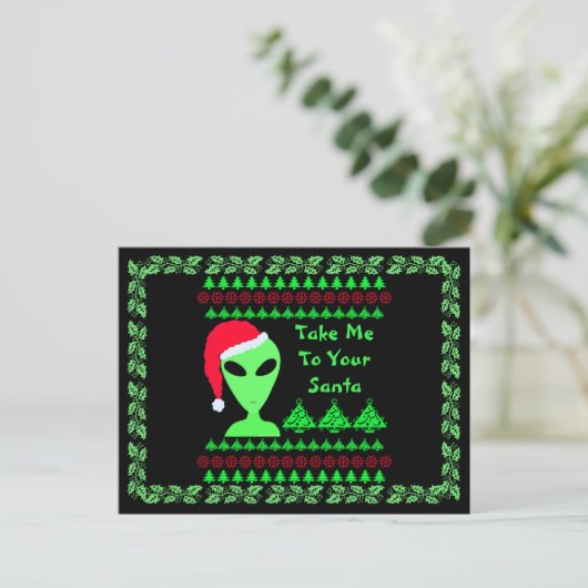 おもしろいエイリアンサンタギークユーモアLGMユニークホリデイ シーズンポストカード (スタンド正面)