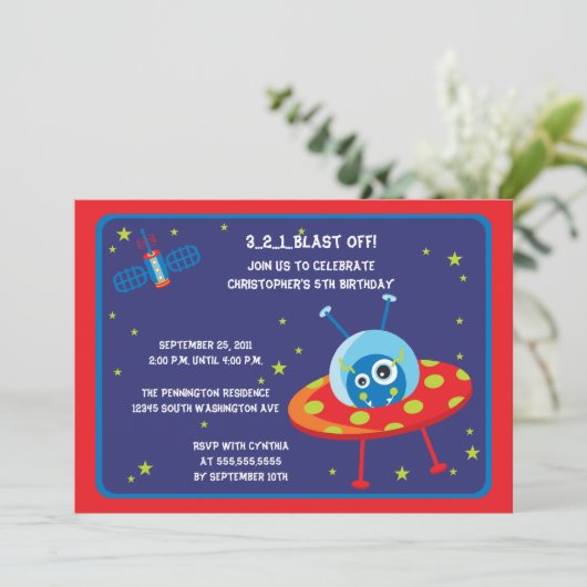 おもしろいエイリアン宇宙船ボーイズ誕生日パーティー招待状 招待状 (スタンド正面)