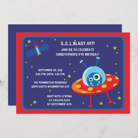 おもしろいエイリアン宇宙船ボーイズ誕生日パーティー招待状 招待状 (正面/裏面)