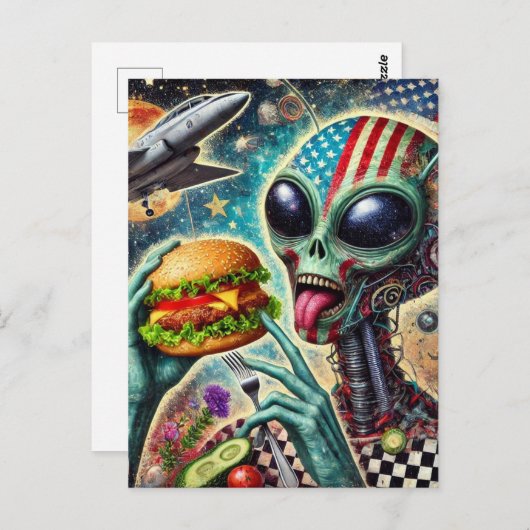 おもしろいエイリアン食べズチーズブルガーエンコースティックスコラージュ ポストカード (正面/裏面)