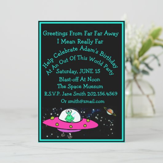おもしろいエイリアン&宇宙船舶誕生日招待状 招待状 (スタンド正面)