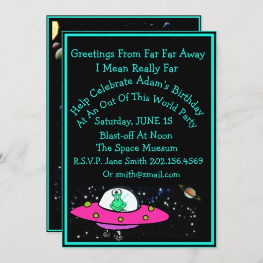 おもしろいエイリアン&宇宙船舶誕生日招待状 招待状 (正面/裏面)
