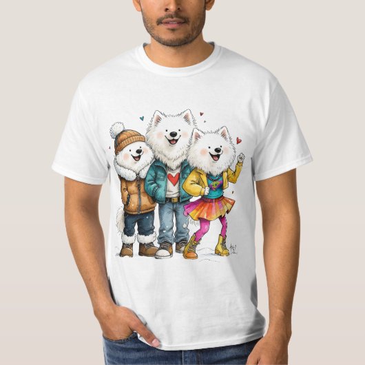 おもしろいエスキモー犬Tシャツ かわいい犬の3匹組 Tシャツ (正面)