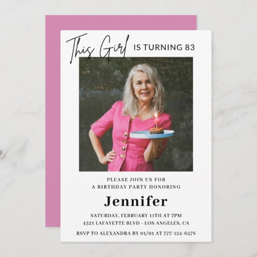 おもしろいエレガントピンク写真83歳の誕生日 招待状 (正面/裏面)