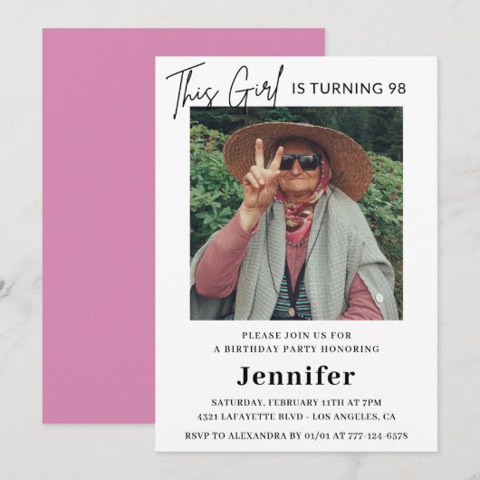 おもしろいエレガントピンク写真98歳の誕生日 招待状 (正面/裏面)
