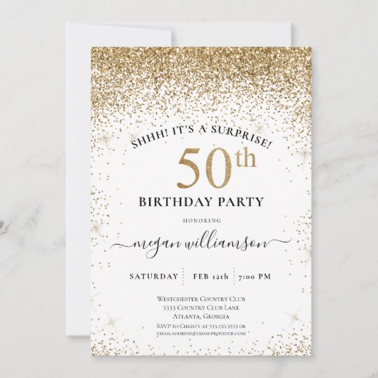 おもしろいエレガントブラック金ゴールドグリッター50th誕生日パーティー 招待状 (正面)