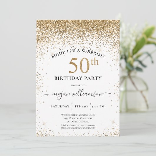 おもしろいエレガントブラック金ゴールドグリッター50th誕生日パーティー 招待状 (スタンド正面)