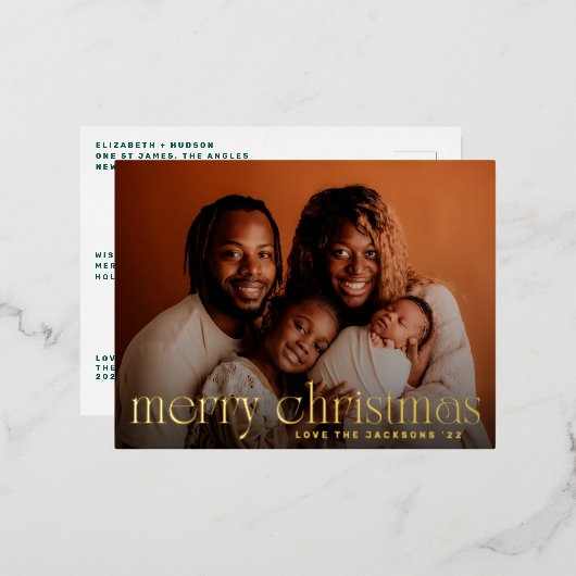 おもしろいエレガントメリークリスマス家族金ゴールド写真 箔シーズンポストカード (正面/裏面)
