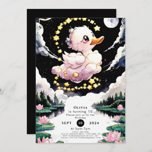 おもしろいエンチャントアヒル誕生日 招待状 (正面/裏面)