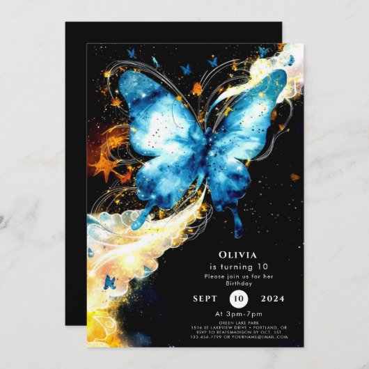 おもしろいエンチャントバタフライ誕生日 招待状 (正面/裏面)
