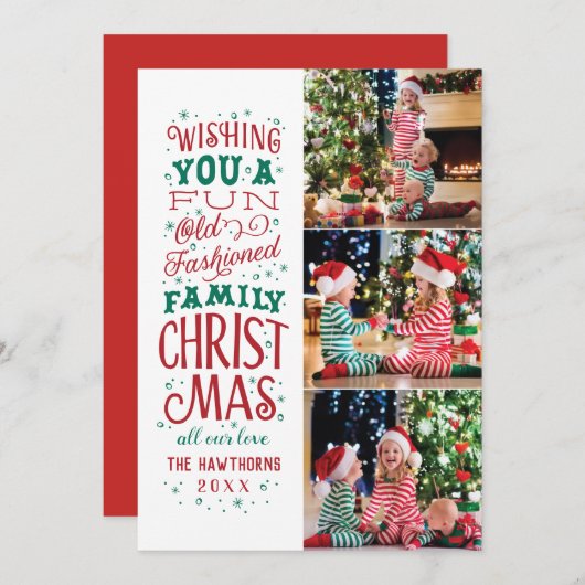 おもしろいオファッションドールドファミリークリスマス3枚写真 シーズンカード (正面/裏面)
