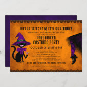 おもしろいオレンジウィッチハットブラックキャットハロウィーンを飲む 招待状 (正面/裏面)