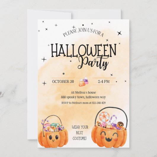 おもしろいオレンジカボチャ水カラーキッズハローウィンパーティ 招待状 (正面)
