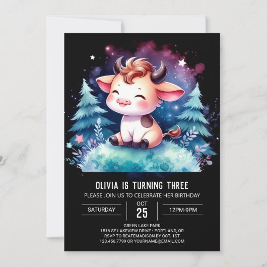 おもしろいオンライン牛誕生日 招待状 (正面)