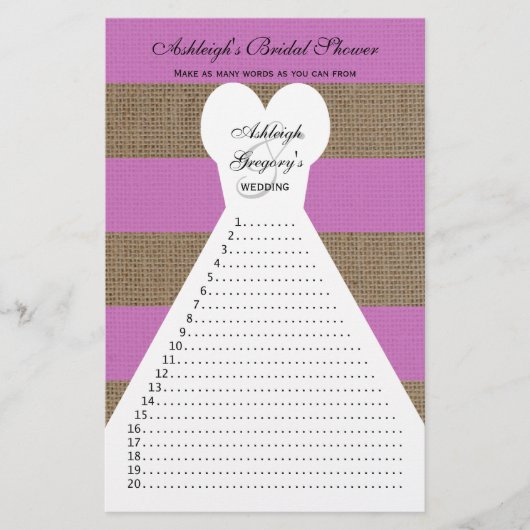 おもしろいオーキッドまたは紫のブライダルシャワーワードゲーム (正面)