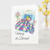 おもしろいカエルが元気にポーランドの挨拶 カード (黄色い花)