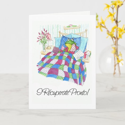 おもしろいカエルが元気に挨拶すスペインのる カード (黄色い花)