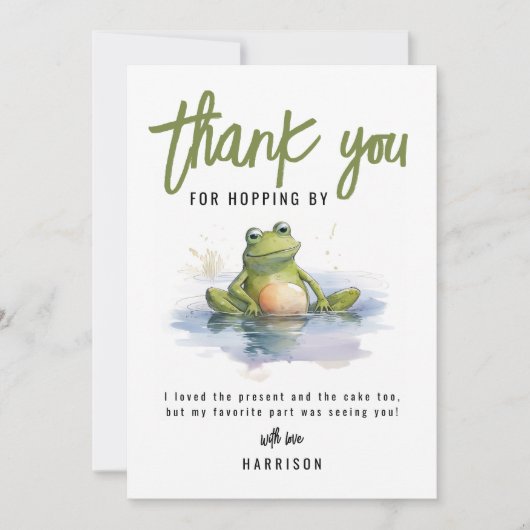 おもしろいカエルをテーマにした誕生日パーティーサンキューカード 招待状 (正面)