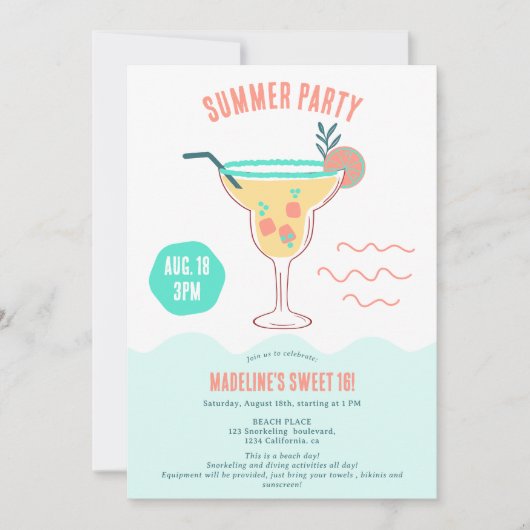 おもしろいカクテルイラストレーションサマービーチスウィート16 招待状 (正面)