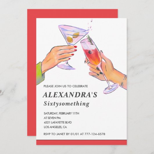 おもしろいカクテルシャンパン66thバースデーパーティー 招待状 (正面/裏面)