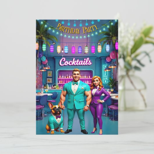 おもしろいカクテルバーバースデーパーティーカップルBuldog 招待状 (スタンド正面)