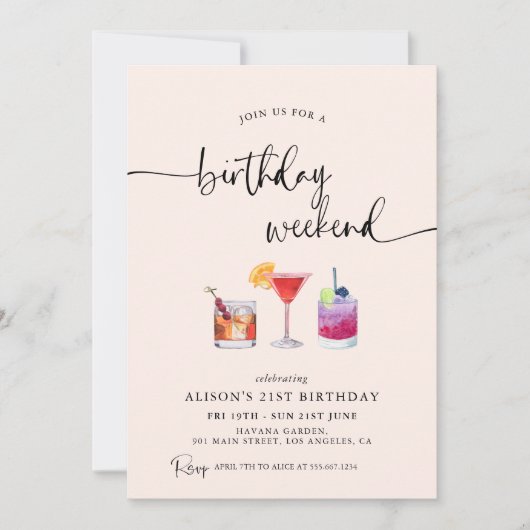 おもしろいカクテル誕生日週末の日程 招待状 (正面)