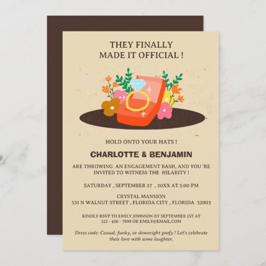 おもしろいカジュアル婚約パーティ 招待状 (正面/裏面)