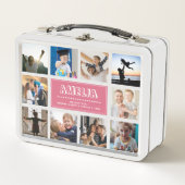 おもしろいカスタムキッズネームファミリーフォトコラージュピンク メタルランチボックス (正面)