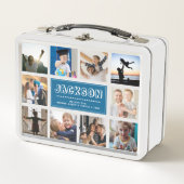 おもしろいカスタムキッズネームファミリーフォトコラージングブルー メタルランチボックス (正面)