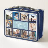 おもしろいカスタムキッズネームファミリーフォトコラージングブルー メタルランチボックス (正面)