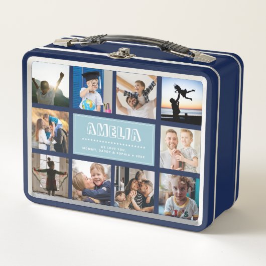 おもしろいカスタムキッズネームファミリーフォトコラージングブルー メタルランチボックス (正面)