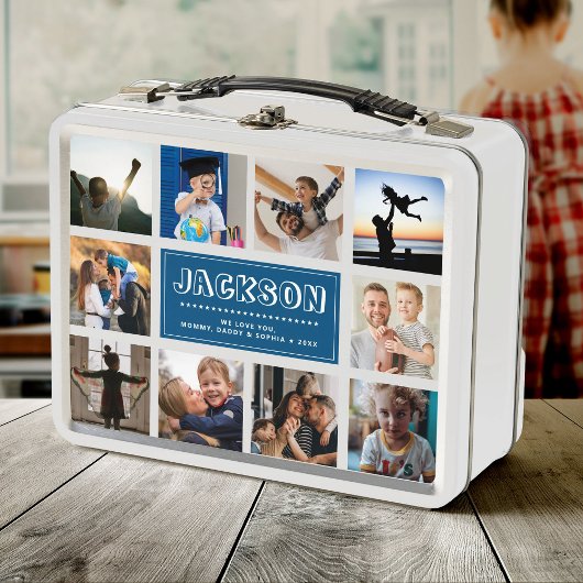 おもしろいカスタムキッズネームファミリーフォトコラージングブルー メタルランチボックス