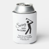 おもしろいカスタムクリスチャンゴルファーが主に向かってスイング 缶クーラー (缶裏面)
