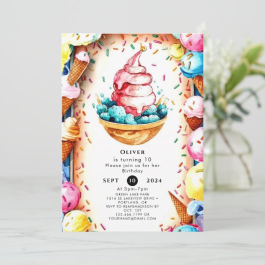 おもしろいカスタムクリーミーアイスクリーム誕生日 招待状 (スタンド正面)