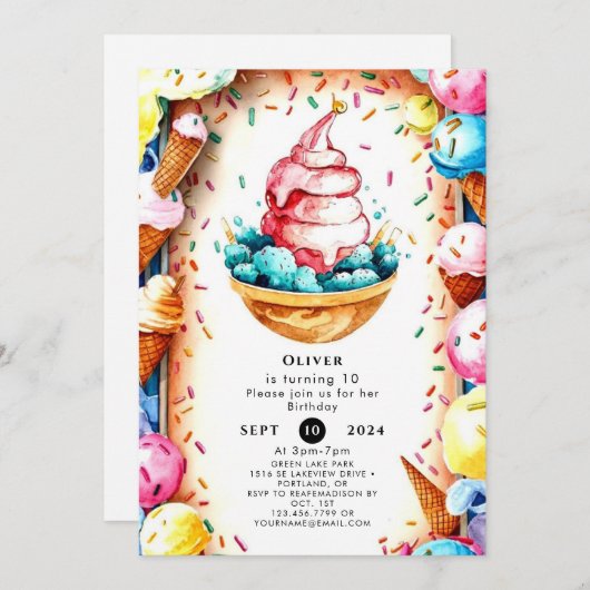 おもしろいカスタムクリーミーアイスクリーム誕生日 招待状 (正面/裏面)