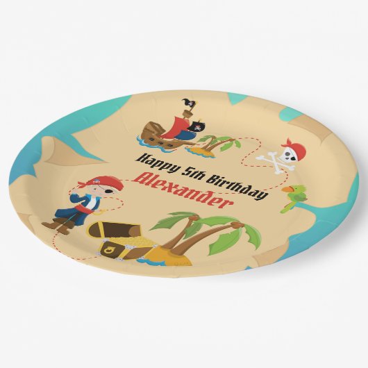 おもしろいカスタムトレジャーマップボーイ海賊誕生日パーティー ペーパープレート (アングル)