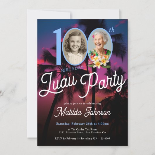 おもしろいカスタムフォトルアウ（ハワイ式宴会）100th誕生日パーティー 招待状 (正面)
