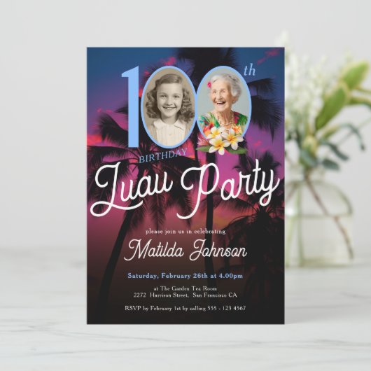 おもしろいカスタムフォトルアウ(ハワイ式宴会)100th誕生日パーティー 招待状 (スタンド正面)