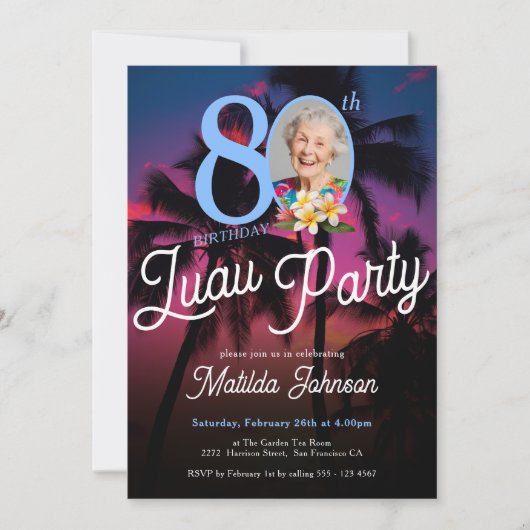おもしろいカスタムフォトルアウ（ハワイ式宴会）80th誕生日パーティー 招待状 (正面)