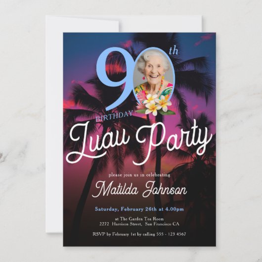 おもしろいカスタムフォトルアウ（ハワイ式宴会）90th誕生日パーティー 招待状 (正面)