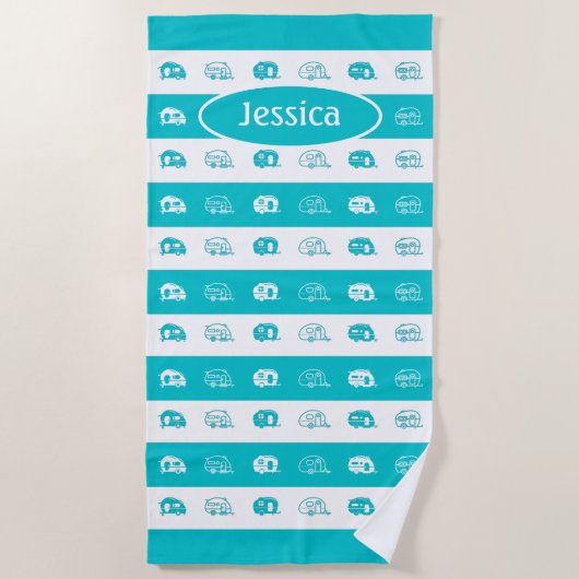 おもしろいカスタムレトロキャンパーズインアクアアンドホワイト ビーチタオル (正面)