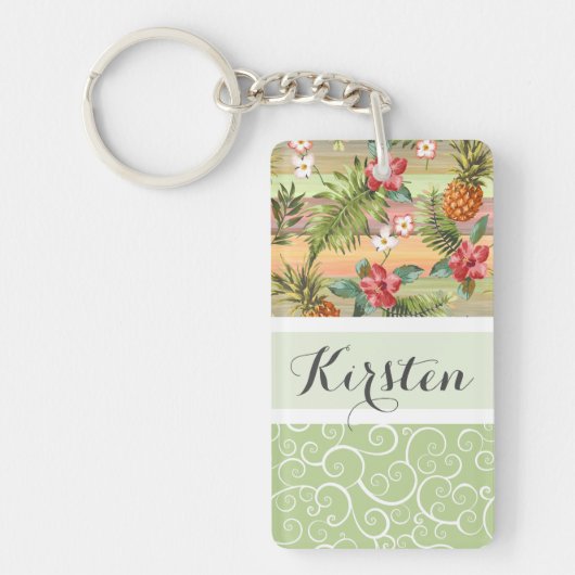 おもしろいカスタム熱帯性パイナップル果実花模様 キーホルダー (正面)