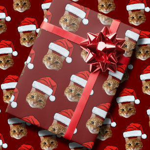 おもしろいカスタム顔キャットフォトサンタハットクリスマス ラッピングペーパー